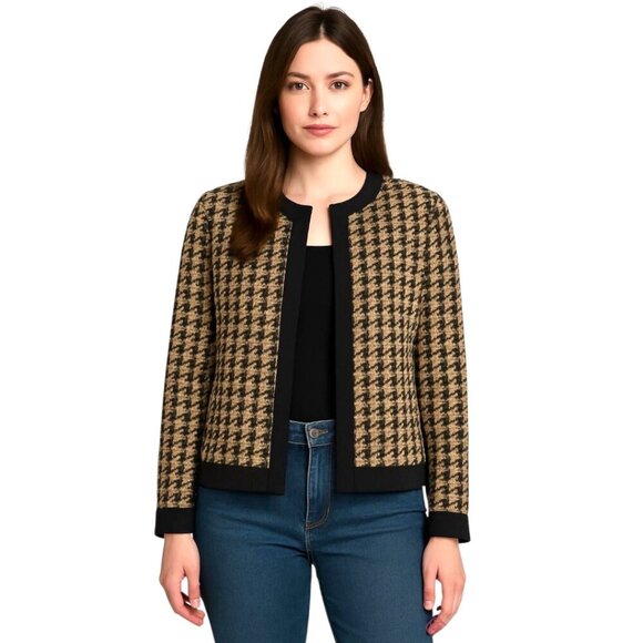 Ming Wang Tan & Black Houndstooth Collarless Cardigan Sz M - Picture 1 of 11